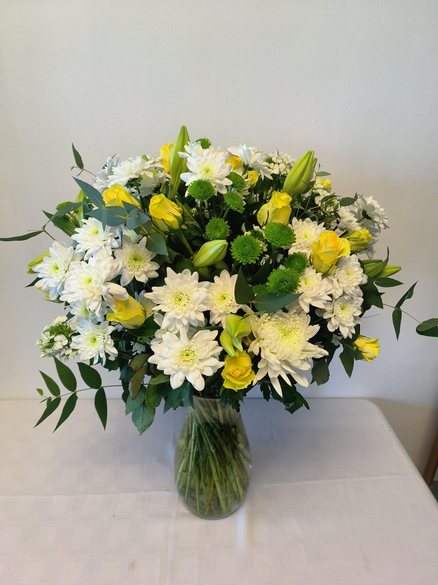 yellow and white arrangement White & Yellow Vase Arrangement Roodepoort